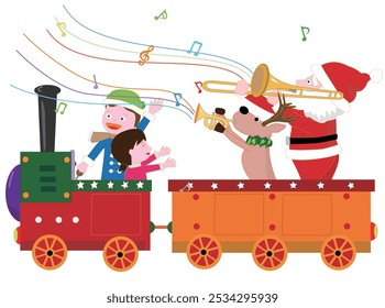 Santa Claus and his reindeer celebrating Christmas on a steam locomotive.