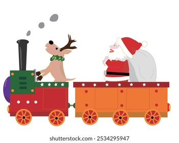 Der Weihnachtsmann und seine Rentiere feiern Weihnachten auf einer Dampflokomotive.