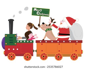 Papá Noel y sus renos están entregando regalos de Navidad en tren.