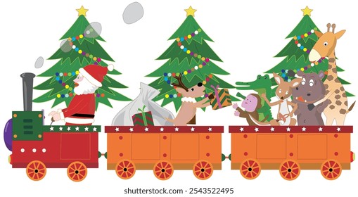 Der Weihnachtsmann und seine Rentiere liefern an einem verschneiten Weihnachtstag Geschenke auf einer Dampflokomotive.