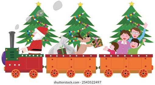 Der Weihnachtsmann und seine Rentiere liefern an einem verschneiten Weihnachtstag Geschenke auf einer Dampflokomotive.