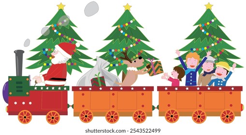 Der Weihnachtsmann und seine Rentiere liefern an einem verschneiten Weihnachtstag Geschenke auf einer Dampflokomotive.