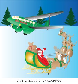 Santa Claus in his reindeer drawn sleigh travelling towards his vintage private plane with a snow background,suitable for cards or gift wrap