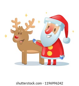 Santa Claus and his reindeer friend smiling. Cartoon Christmas card. Colorful flat vector illustration. Isolated on white background.