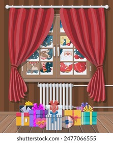 Santa claus and his reindeer looks in living room window. Interior of room with gifts. Happy new year decoration. Merry christmas holiday. New year and xmas celebration. Vector illustration flat style