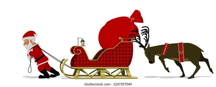 Santa Claus and his reindeer are moving his heavy sleigh