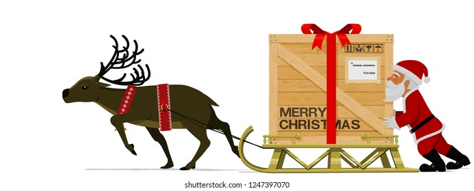 Santa Claus and his reindeer are moving his heavy sleigh