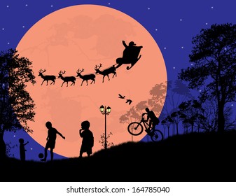 Santa Claus and his reindeer on full moon coming to city with gifts for children, vector illustration