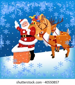 santa claus with his reindeer on the house roof