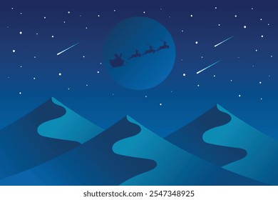 Santa Claus and his reindeer sleigh in silhouette against moon with mountains landscape. Vector illustration