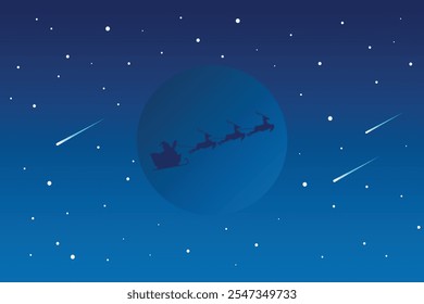 Santa Claus and his reindeer sleigh in silhouette against moon and stars. Vector illustration