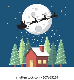 Santa Claus and his reindeer sleigh in silhouette against moon with winter house. Christmas greeting card