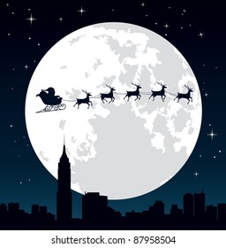 Santa Claus and his reindeer sleigh backlit by the full moon. Editable vector illustration.