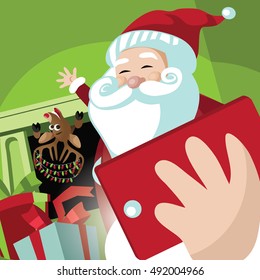 Santa Claus and his reindeer taking a selfie in a home where they've delivered gifts. EPS 10 vector.