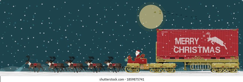 Santa Claus and his reindeer are traveling among falling snow.