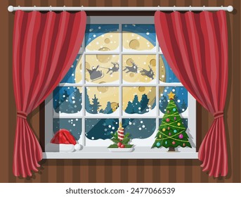 Santa claus and his reindeer in window. Interior of room with christmas tree. Happy new year decoration. Merry christmas holiday. New year and xmas celebration. Vector illustration flat style