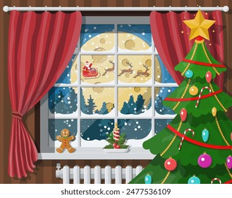 Santa claus and his reindeer in window. Interior of room with christmas tree. Happy new year decoration. Merry christmas holiday. New year and xmas celebration. Vector illustration flat style