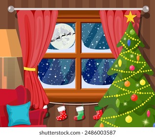 Santa claus and his reindeer in window. Interior of room with christmas tree. Happy new year decoration. Merry christmas holiday. New year and xmas celebration. Vector illustration flat style