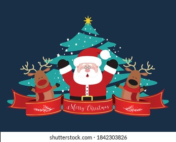 
Santa Claus and his reindeer wishing Merry Christmas with a big tree behind