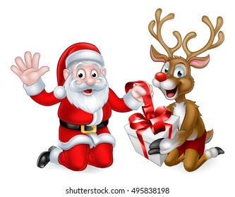 Santa Claus and his Reindeer wrapping or unwrapping a Christmas gift