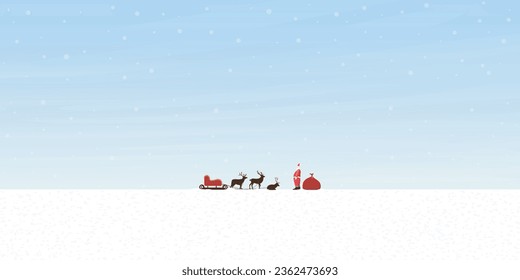 Santa Claus with his reindeers and sleigh before start working in Christmas day flat design vector illustration. Merry Christmas and Happy New Year greeting card.