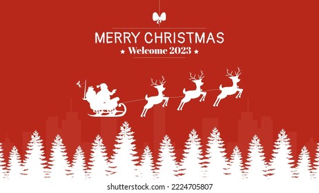 Santa Claus and his reindeers working on December 25. Santa Claus delivering Christmas presents. Merry Christmas greeting card vector, red background.