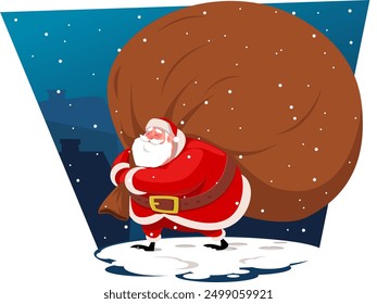  santa claus and his sack of presents are walking across the rooftops.