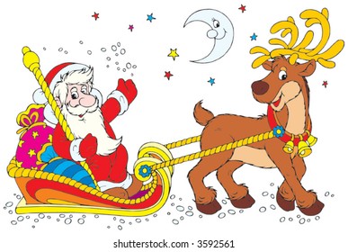 Santa Claus in his sledge with a reindeer