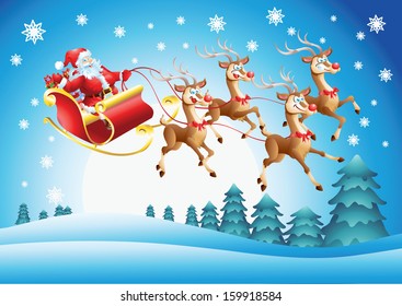 Santa Claus in his sleigh flying 