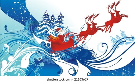 Santa claus  and his sleigh flying & floral background