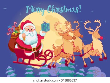 Santa Claus in his sleigh flying through the sky.Merry Christmas