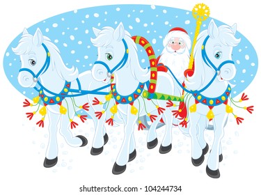 Santa Claus in his sleigh pulled by three white horses