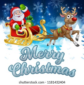 Santa Claus in his sleigh pulled by reindeer with winter landscape background cartoon and Merry Christmas message