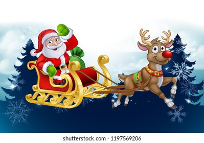 Santa Claus in his sleigh pulled by reindeer with winter landscape background Christmas cartoon 