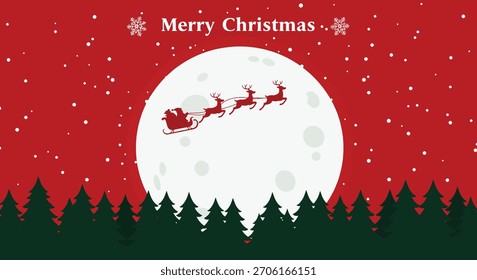 Papai Noel em seu trenó, puxado por renas, é retratado contra uma grande lua cheia, com uma floresta de neve abaixo e um céu vermelho e estrelado acima.