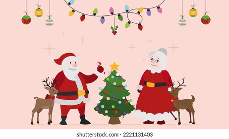 Santa Claus and his wife celebrate the new year with reindeers in front of the fancy tree. Santa Claus and his wife enjoy, vector design. Christmas illustration.