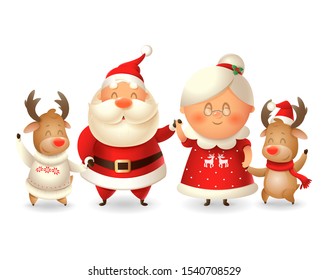 Santa Claus his wife Mrs Claus and two Reindeer celebrate winter holidays - vector illustration isolated on transparent background