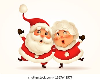 Santa Claus and his wife Mrs Claus arm over shoulder. Vector illustration of Christmas character on plain background. Isolated.