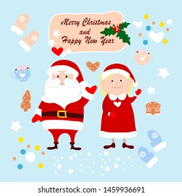 Santa Claus and his wife waving their hands. Christmas and New Year set. Vector illustration of christmas cartoon characters.