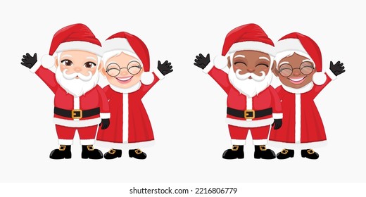 Santa Claus and his wife waving hands and greeting Vector illustration, American African Santa and wife Christmas character on white background.