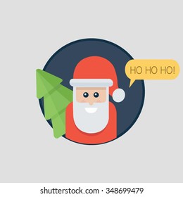 Santa Claus ho ho ho. Christmas card with Santa holding Christmas tree. Flat Design