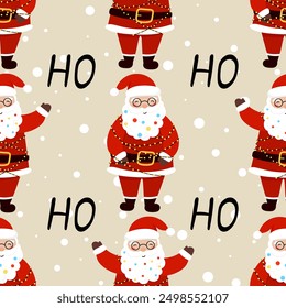 Santa Claus Ho Ho Ho in flat style seamless pattern. Vector Background for festive designs of wrapping paper, covers, fabric, textiles. greeting cards. Concept of Christmas and New Year