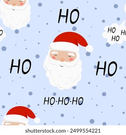 Santa Claus Ho Ho Ho in flat style seamless pattern. Vector Background for festive designs of wrapping paper, covers, fabric, textiles. greeting cards. Concept of Christmas and New Year