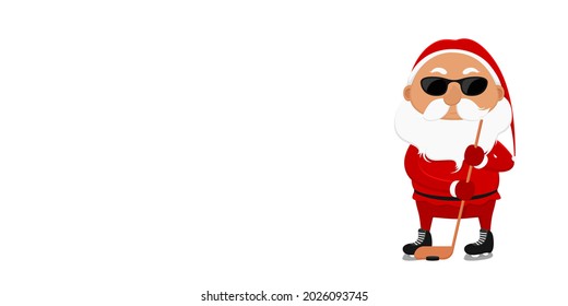 Santa Claus with hockey stick. Poster with copy space. Vector illustration.