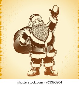 Santa Claus hold bag with presents in retro hand drawing style on a vintage background. Main character of Christmas or New Year. Classic vector art illustration in ink sketch for stamp or print design