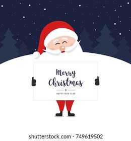 santa claus hold banner merry christmas greeting text winter night landscape background