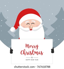santa claus hold banner merry christmas greeting text circle winter landscape background