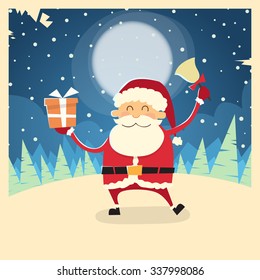 Santa Claus Hold Bell Present Gift Box Winter Snow Forest Christmas Holiday Flat Vector Illustration