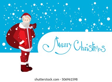 Santa Claus Hold Big Present Sack Christmas Holiday Happy New Year Greeting Card Flat Vector Illustration
