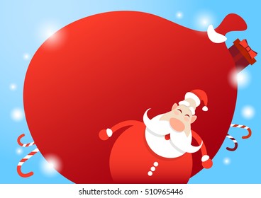 Santa Claus Hold Big Present Sack Christmas Holiday Happy New Year Greeting Card Flat Vector Illustration